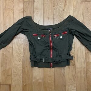 Dark Green Off-Shoulder crop top with Red Accents